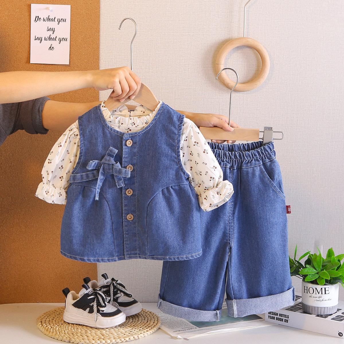 2026 Spring Floral Vest & Long Sleeve Three-Piece Set for Baby Girls - Korean Style Fashion S (80 cm) светло-синий