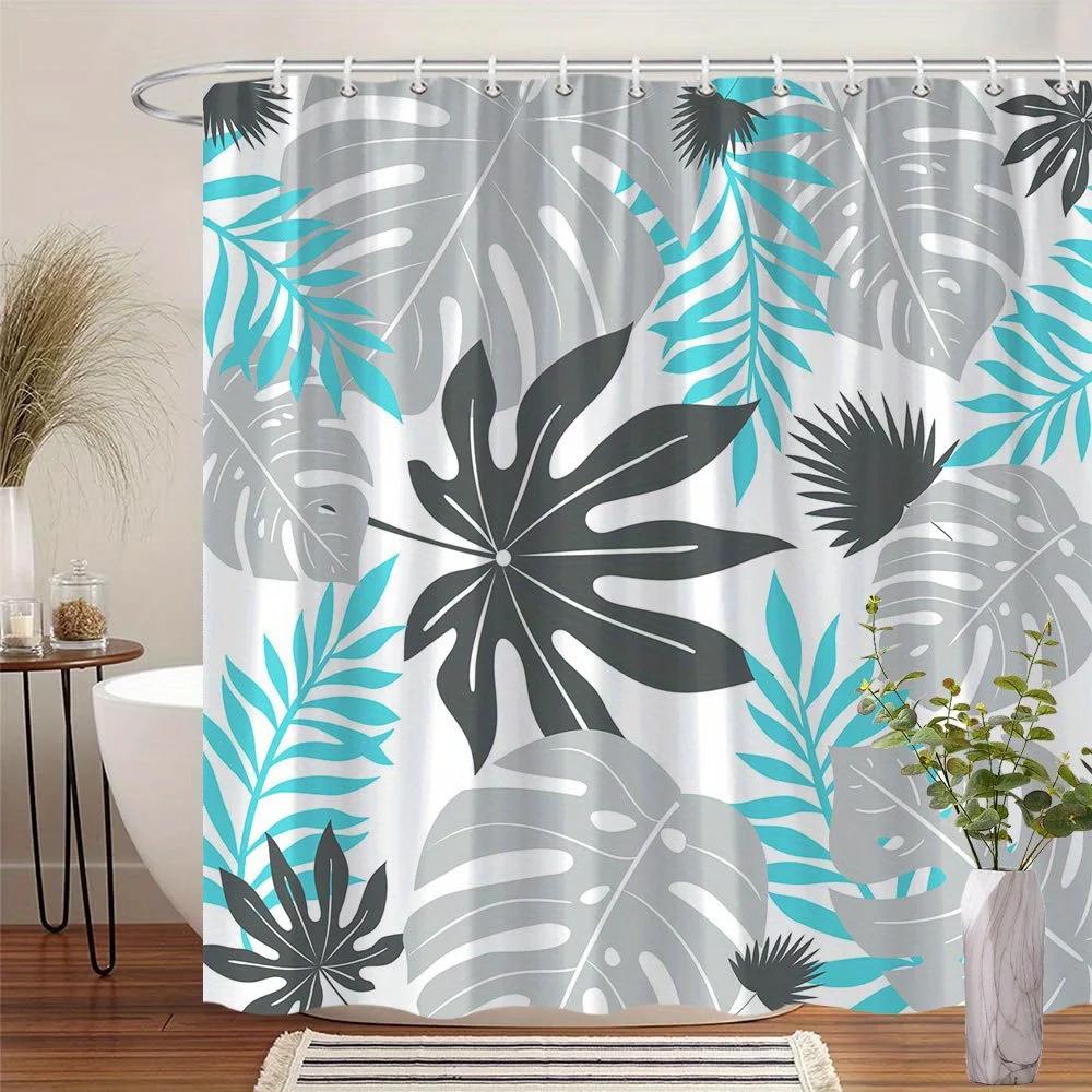 Tropical Leaf Shower Curtain - Monstera & Fern Design,12 Hooks, Machine Washable Polyester, Stylish Bath Decor W90xH180cm