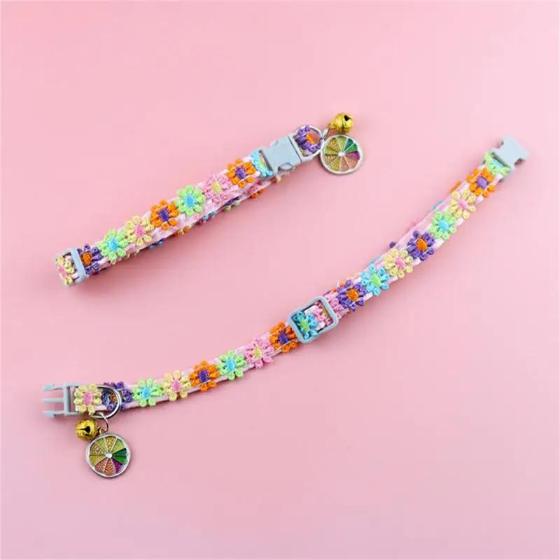 Fashion Rainbow Flower Cat Collar With Bell Kitten Puppy Necklace Adjustable Buckle Colorful Lace Kitten Collar Dog Accessories