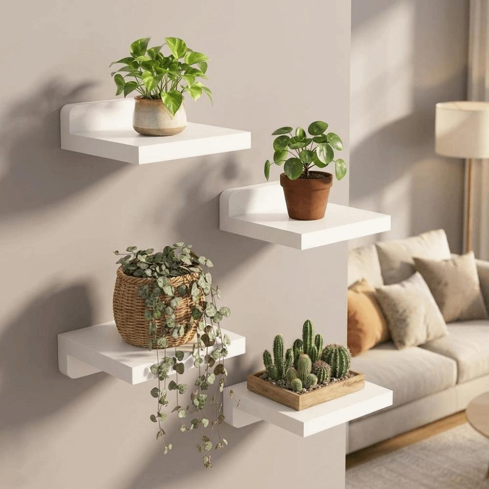 4PCS Wood Small Floating Shelves Rustic Decorative Wall Mounted Shelves Simple Plant Display Rack Plant Flower Pot Tray Office