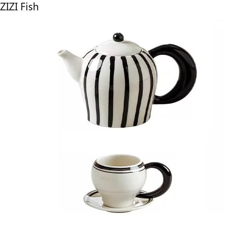 Black and White Striped Mugs Porcelain Cup&saucer Teapot Set Coffee Mug Dining Table Afternoon Tea Teacup Fruits Juice Cup