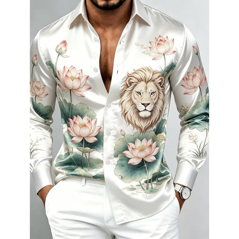 New Heart-shaped Rolled Grass Cross Partial Printed Long Sleeved Shirt with a Smooth Drape and Satin Lapel for Men