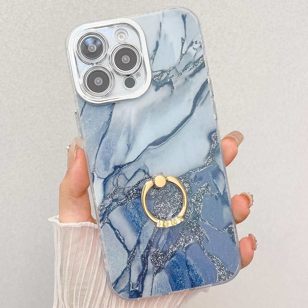 Suitable for IPhone16 Electroplated Phone Case, Apple 15promax Marble-patterned Ring Stand Cover