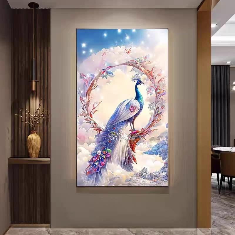 5d Diamond-painted Living Room with Vertical Diamond Embroidery, Dazzling and Luxurious Peacock Mosaic Art DIY Crystal Diamond
