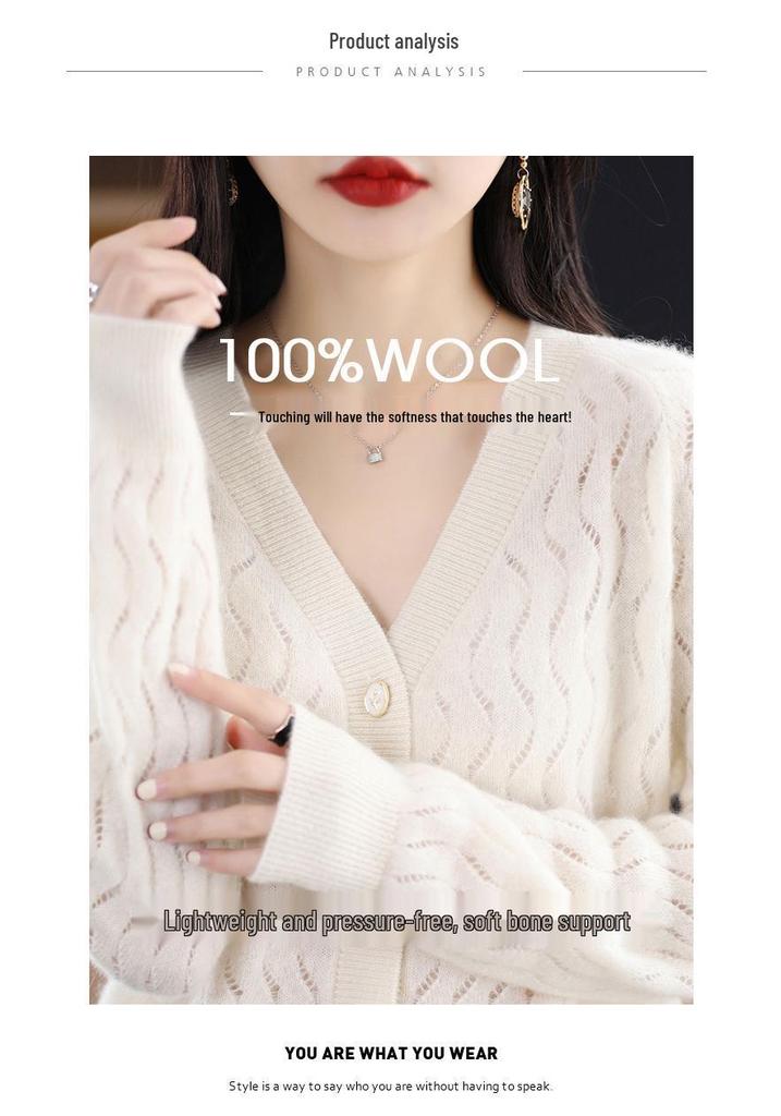 100% Pure Wool V-Neck Jacquard Cashmere Cardigan for Women - Early Spring Collection