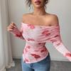 Top de Primavera Asimétrico Versátil con Estampado, Hombros Descubiertos, Delgado, Favorecedor, Dobladillo con Volantes, Básico Diario de Moda, para Oficina, Casual, Ajuste Delgado, Elegante para Mujer