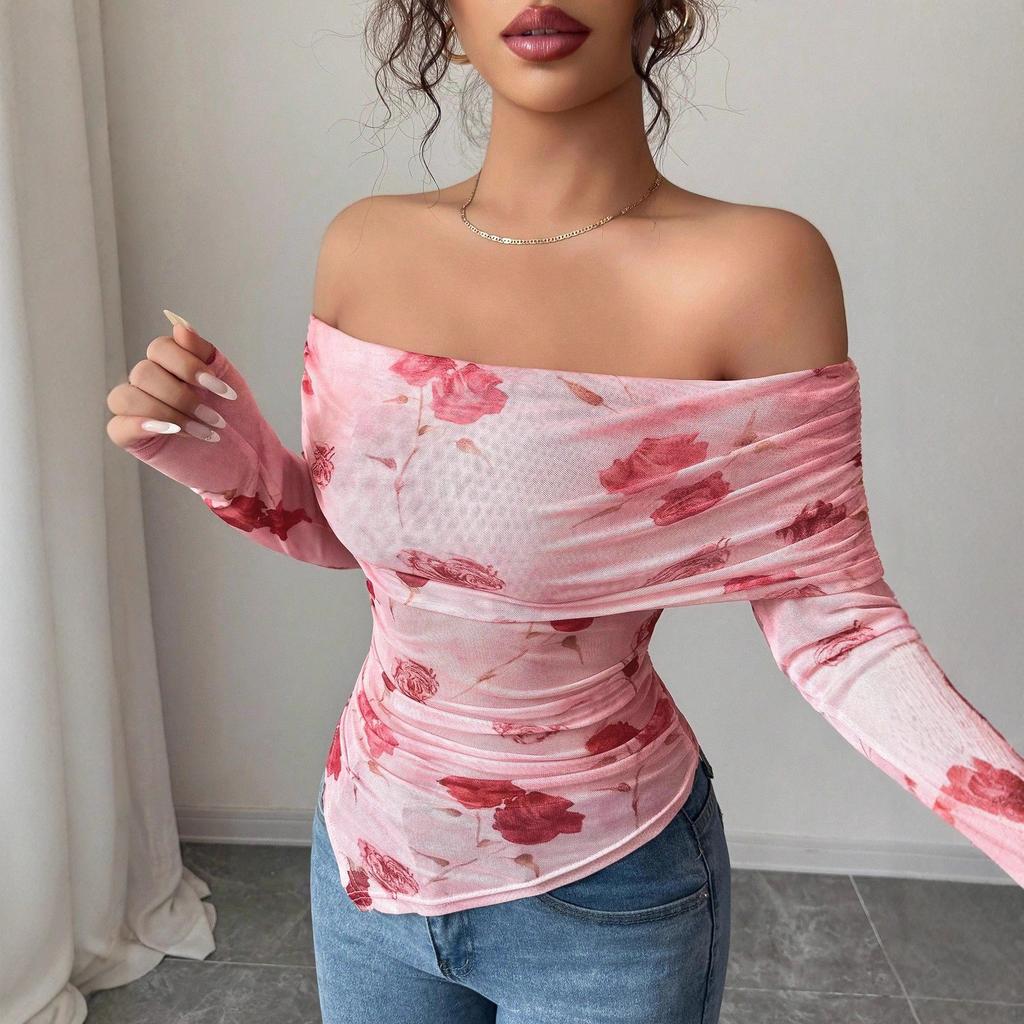 Top de Primavera Asimétrico Versátil con Estampado, Hombros Descubiertos, Delgado, Favorecedor, Dobladillo con Volantes, Básico Diario de Moda, para Oficina, Casual, Ajuste Delgado, Elegante para Mujer