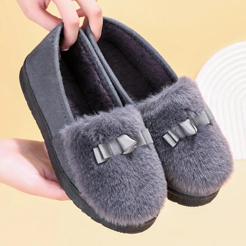 

WTEMPO однотонные теплые, морозостойкие плюшевые туфли-слипоны женские осенне-зимние повседневные туфли большого размера с бантом 40 серый