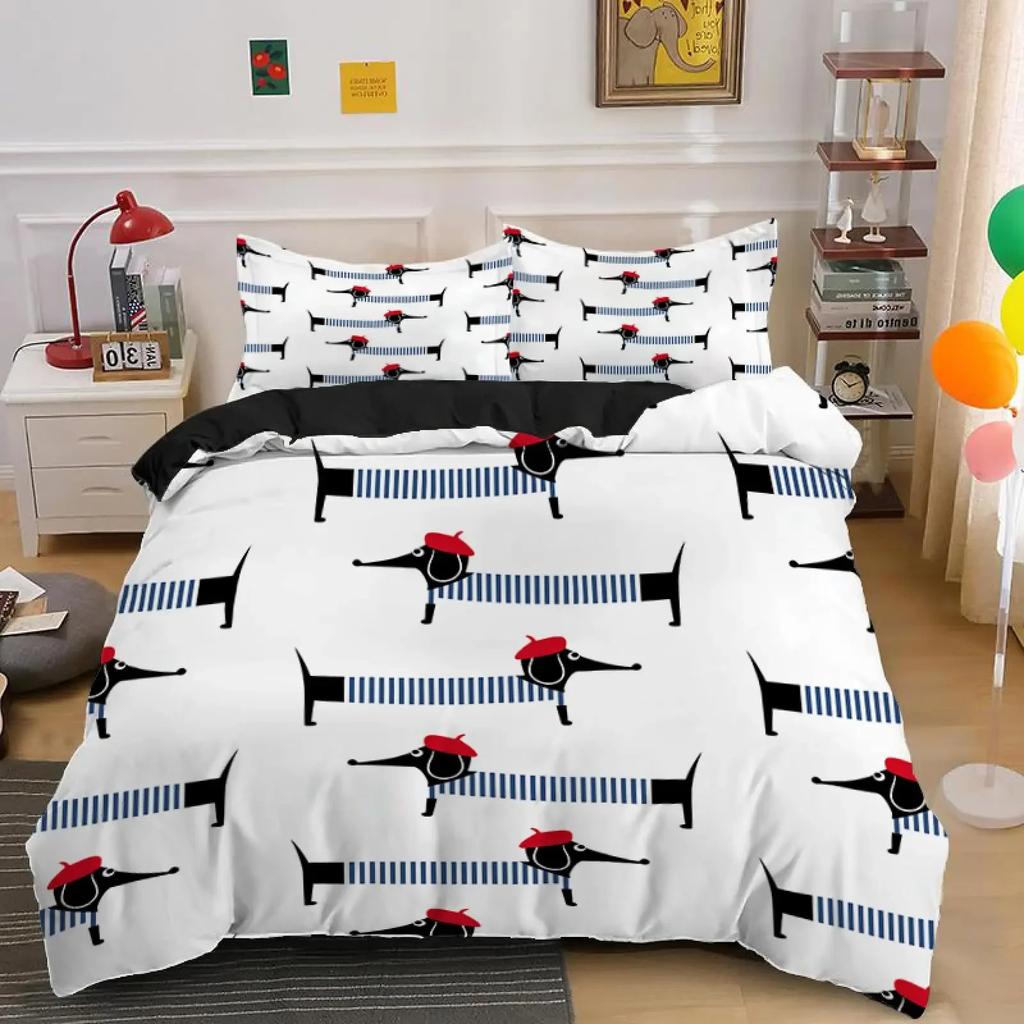 Dachshund Duvet Cover Collection Cartoon Style Dachshunds King Size Bedding Collection For Dog Lovers Kids Teens 23Pcs Twin Comforter Cover