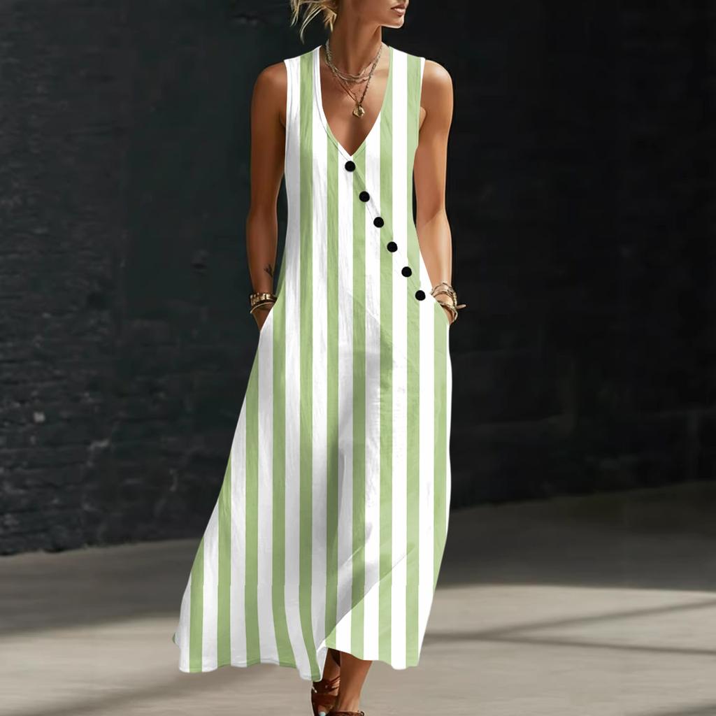 Dames Gestreept V-hals Knopen Mouwloos Maxi Jurk Katoen Linnen Lange Vestjurk Casual Losse Pasvorm Zomerstijl
