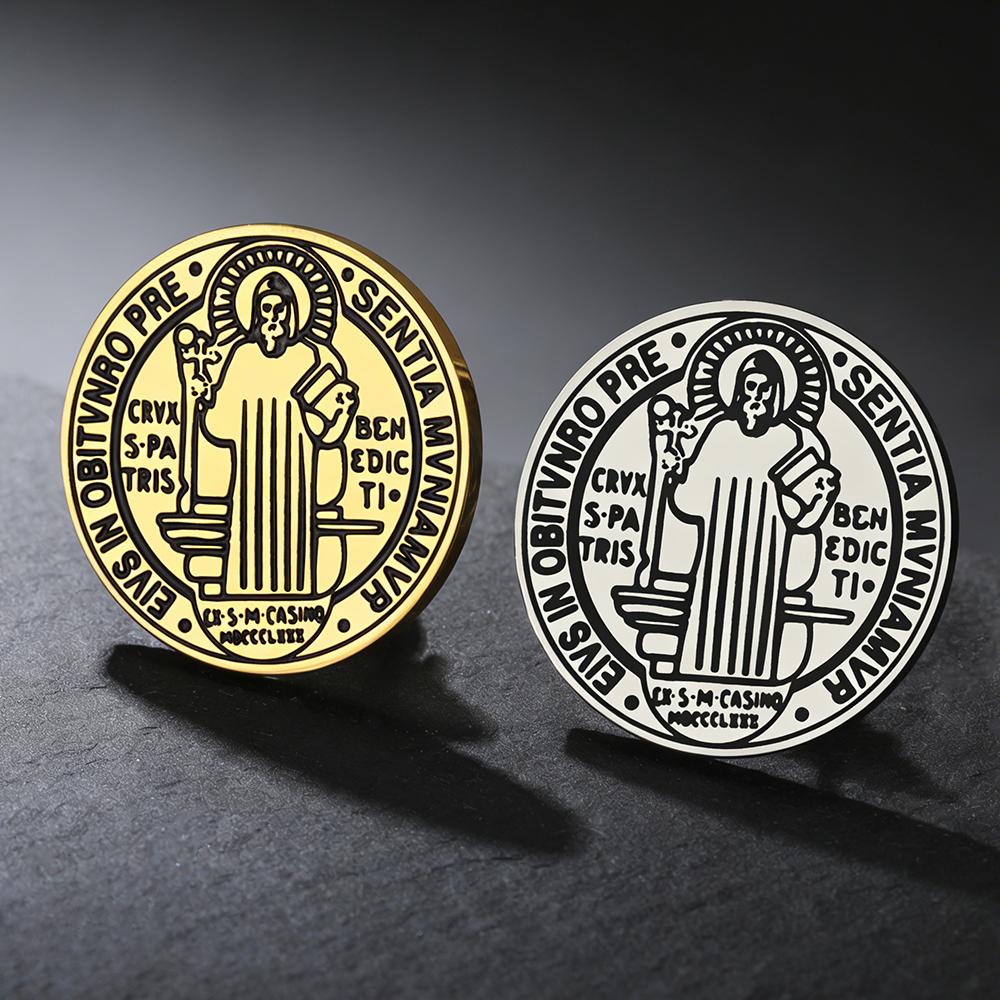 My Shape St.Benedict Medal Brooch for Women Men Stainless Steel Brooch Pin for Men Shirt Suit Decorate Badge Pin Jewelry Gifts