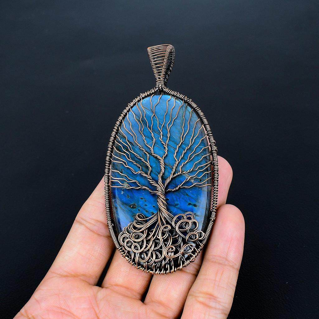 Tree Of Life Labradorite Pendant, Handmade Gemstone 999 Copper Wire Wrap Pendant Antique Jewelry, For Gift Silver Jewelry