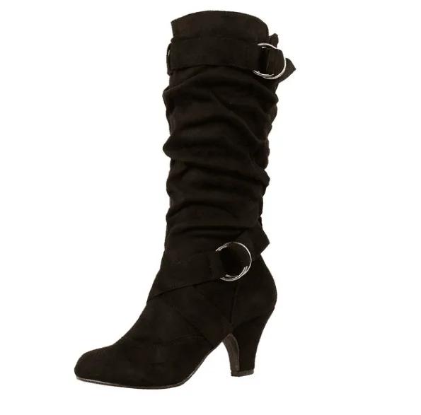 Women Boots Plus Size Med Square Buckle Strap Heel Round Toe Knee-High Shoes Winter Boot