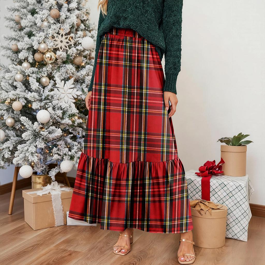 Women's Ruffled Casual Long Skirt Plaid Skirt Retro Pleated Skirt