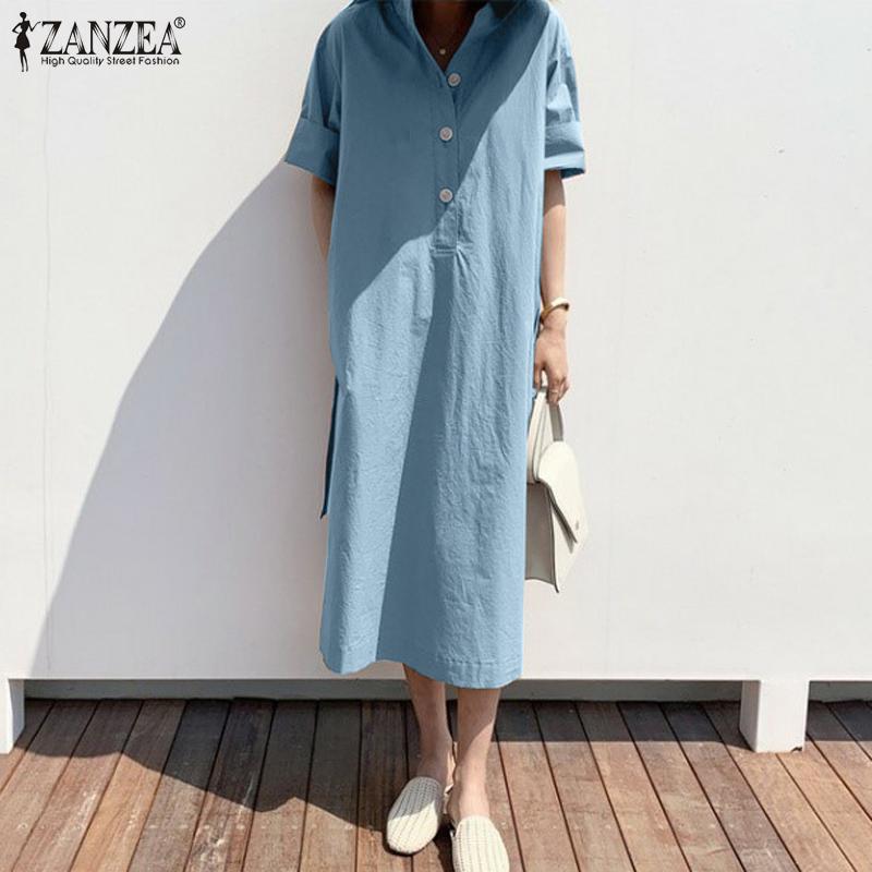 

ZANZEA Женское повседневное платье-рубашка с коротким рукавом с коротким рукавом ZANZEA Женское повседневное платье-стойка на пуговицах