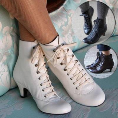 Νέα Μόδα Γυναικείες Μποτάκια Ankle Boots με Χαμηλό Τακούνι Kitten Heel Βικτοριανού Στυλ με Στρογγυλή Μύτη από PU Δέρμα Παπούτσια Steampunk με Κορδόνια Ρετρό Μποτάκια για Τζιν