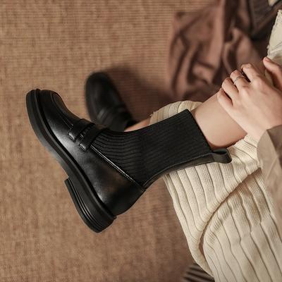 Mode 2024 Damen Stretch Stiefel Chunky Stiefel Damen Winterschuhe Kuhveloursleder Stiefeletten Schwarz Damen Herbstmode Plateau Stiefeletten