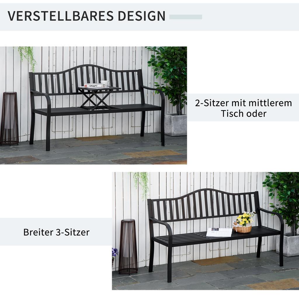 Metall-Gartenbank mit hochklappbarem Mitteltisch. Garten-Zweisitzer. Gartenbank für den Garten. Vorbau. Sitzplätze für 2–3 Personen. Schwarz