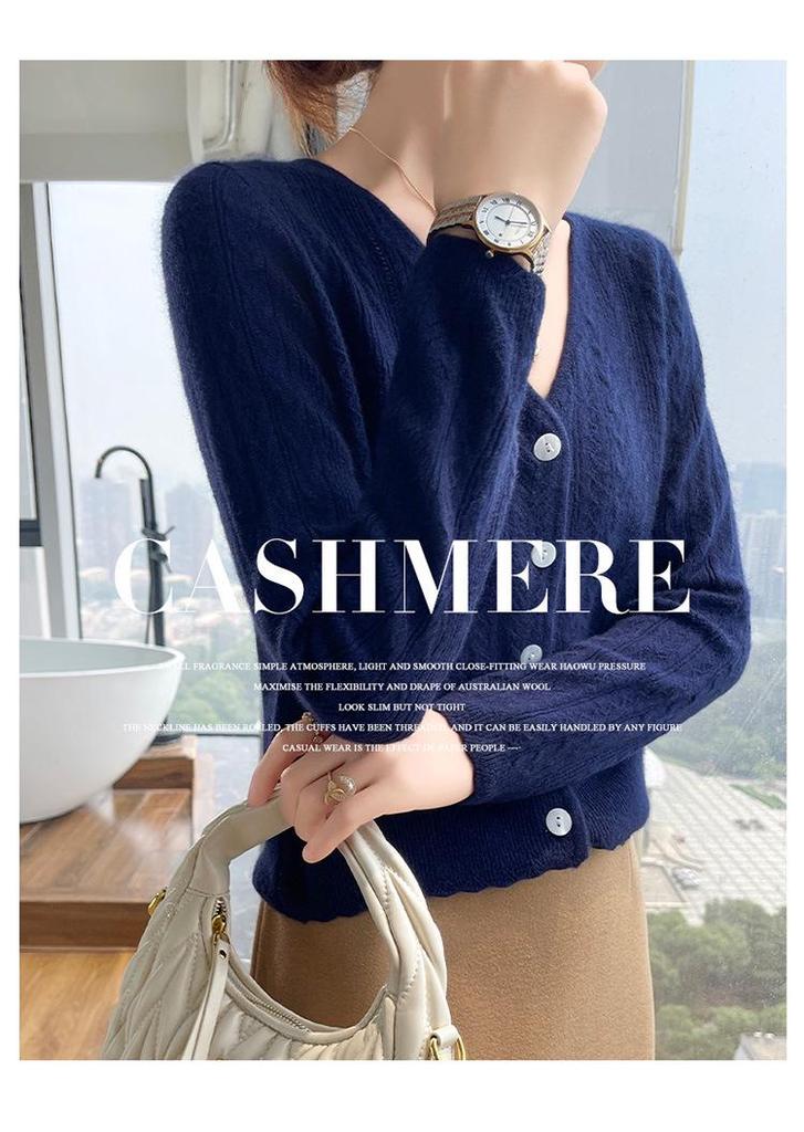 Elegant Women's V-neck Cashmere Jacquard Cardigan - Soft Knitwear for Autumn & Winter