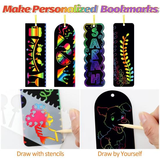 48Pcs Scratch Bookmark with 48 Ribbons 24 Wood Stylus Hanging Hole Bookmark Gift Tag Party Favor DIY Rainbow Scratch Paper