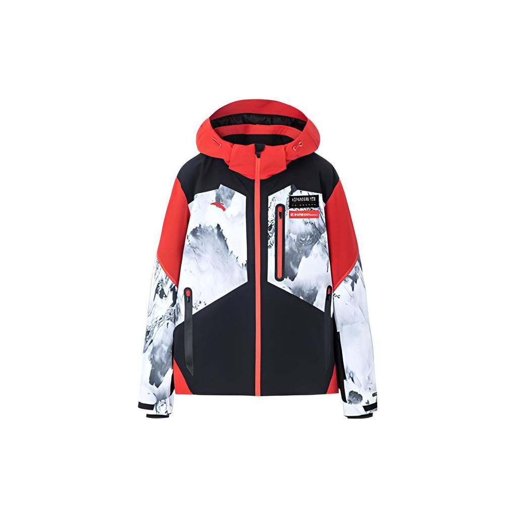 Anta Color Block Pattern Printed Fleece Lined Zipper Hooded Ski Jacket Men Jacket Red 152247802-1