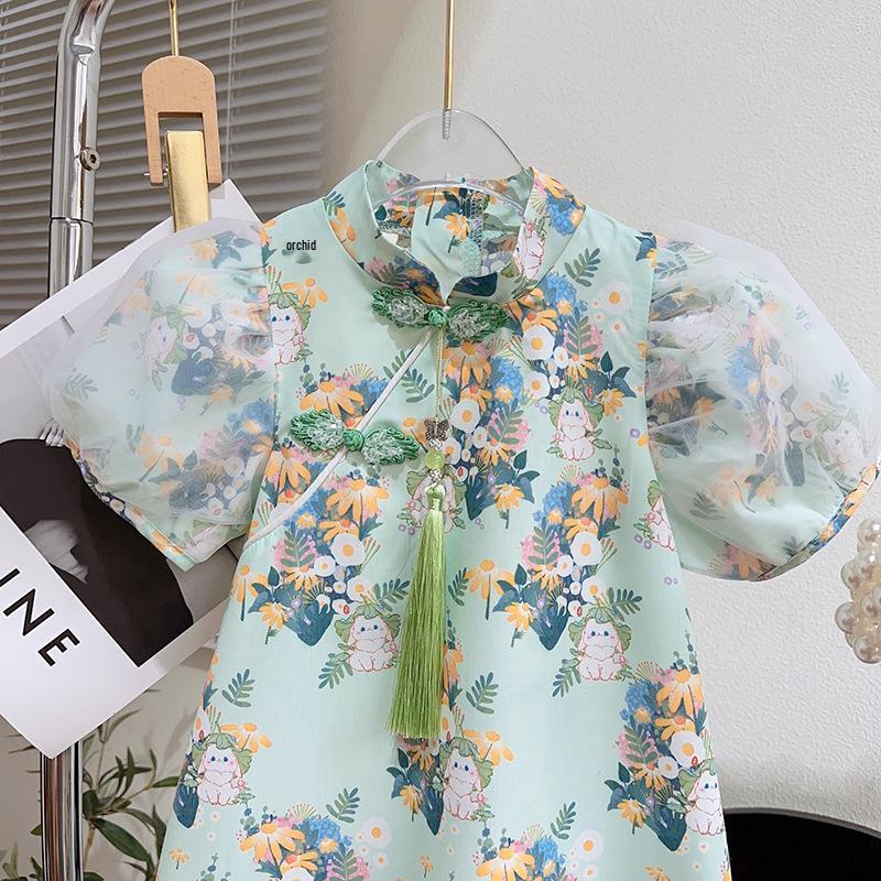 Girls' Summer Puff Sleeve Cheongsam Princess Dress