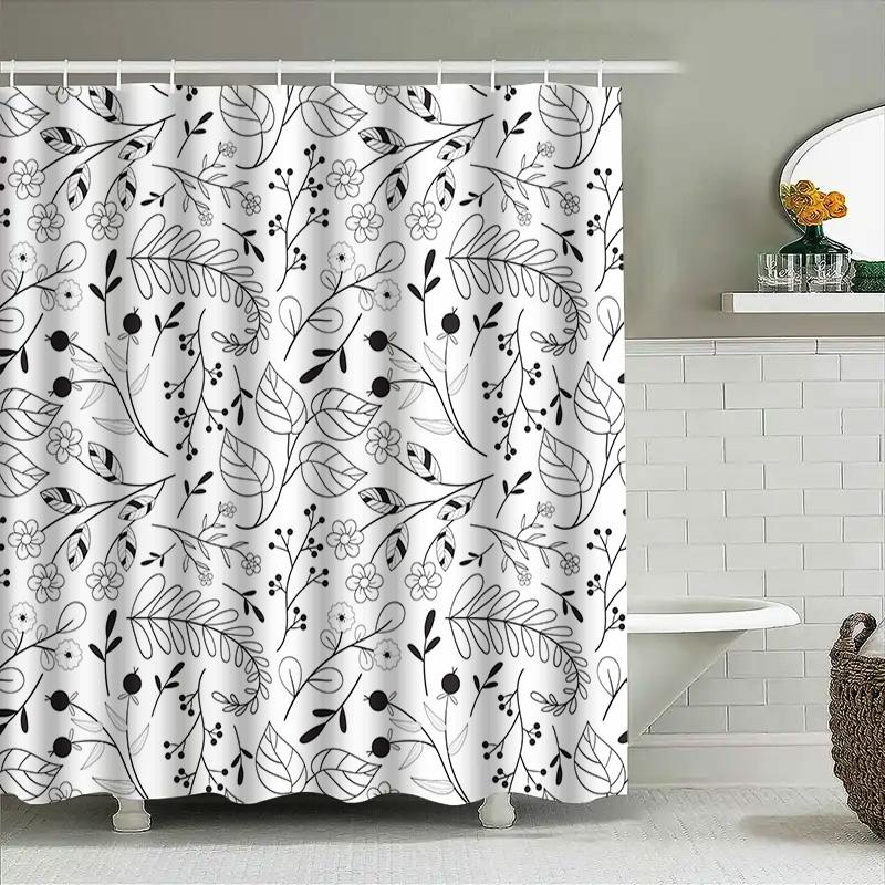 Modern Bathroom Decor: White Floral Shower Curtain With Black Pattern For Home Bathing Area Waterproof Fabric Size Customizable