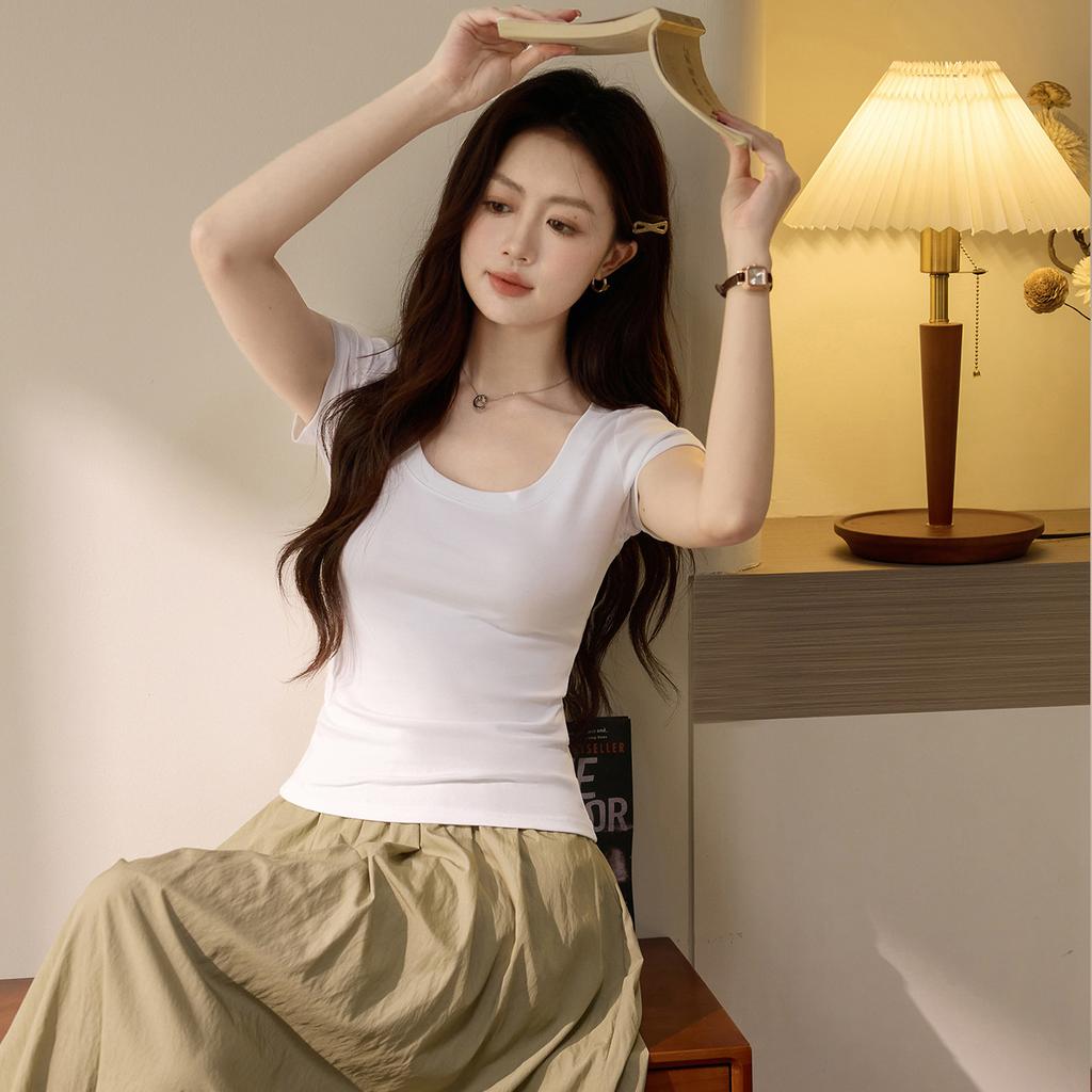 Reines Baumwoll-Kurzarm-T-Shirt für Damen Sommer Neu Einfarbig Rundhals Vielseitig Einfaches Unterhemd Koreanischer Stil Damenbekleidung