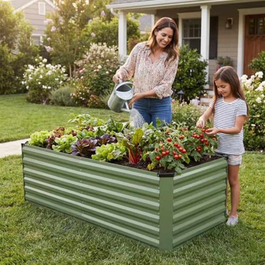 6x3x2ft Galvanized Raised Garden Bed Kit Metal Planter Box Outdoor for Vegetables Fruits Herbs Flowers Olive Green