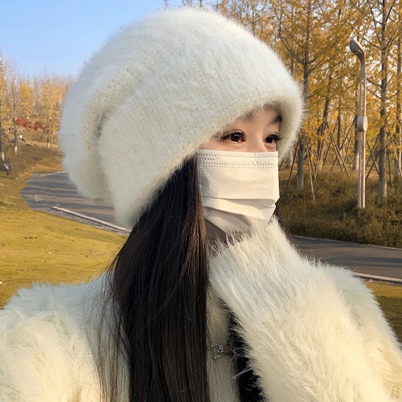Rabbit Fur Hat Women's Winter Warm Wool Hat Big Head Circumference White Plush Knitted Hat Autumn and Winter Ear Protection Cold Hat