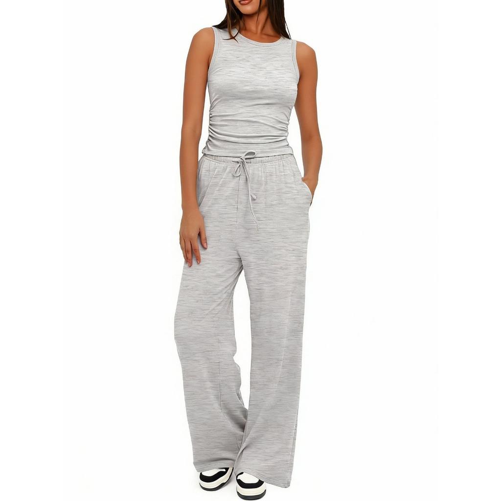 Women's Casual Two Piece Outfit Sleeveless Ruched Tank Top Drawstring High Waist Wide Leg Pants Tracksuit