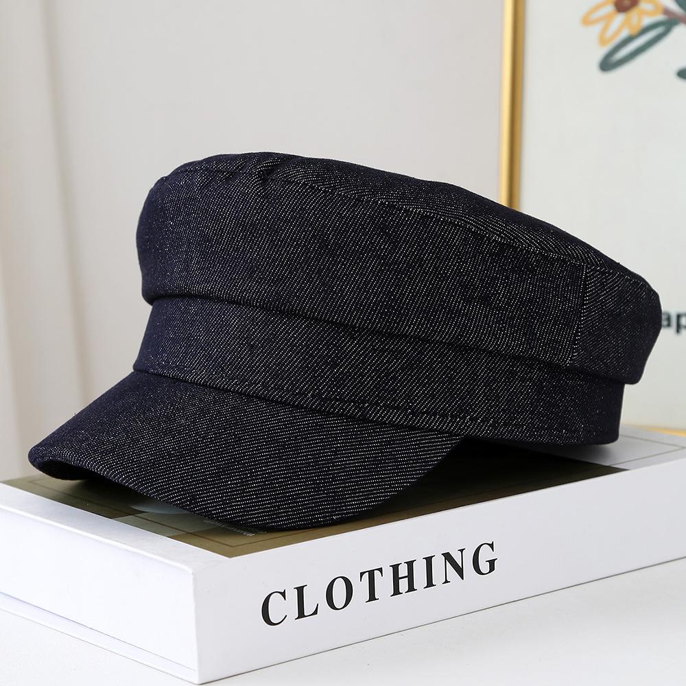 New British retro dark denim flat top hat color matching brim newsboy hat summer women's casual octagonal hat