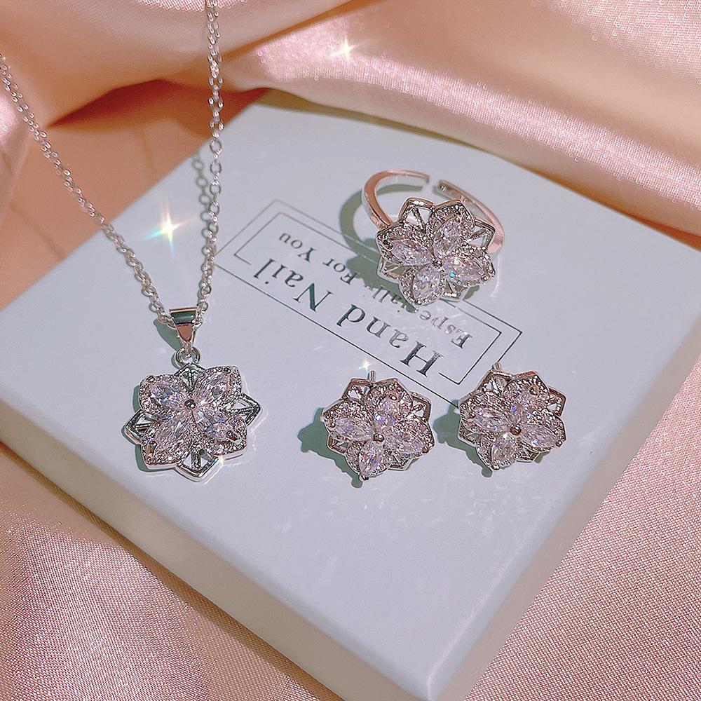 925  fashion niche design diamond shining personality earrings women's necklace flower ring set party birthday gift