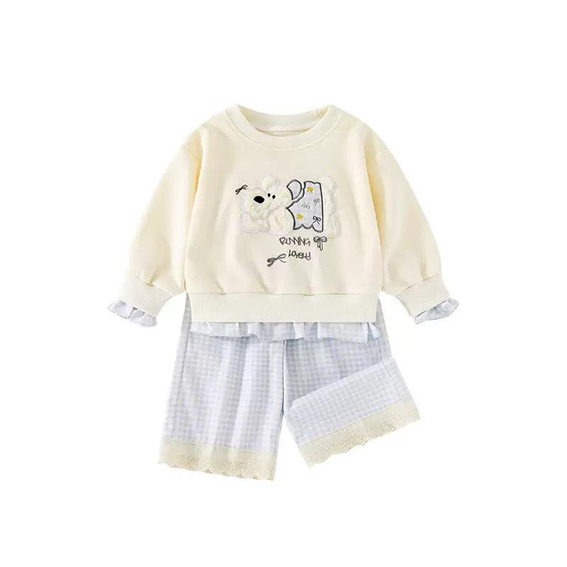 Girls Spring Autumn 2 Piece Set Cute Dog Embroidered Sweatshirt With Ruffle Plaid Casual Pants Stylish Kids Outfit