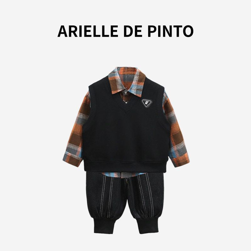 French Arielle De Pinto Boys  New Spring and Autumn Set Casual Plaid Shirt Vest Three-Piece Set Yellow Plaid Three-Piece Set 140