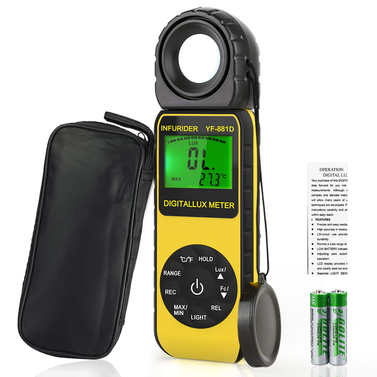 

INFURIDER YF-881D Digital Illuminance Meter, Light Meter, Lux Meter, Portable, Simultaneous Illuminance & Temperature Measurement, 270° Rotating Measu