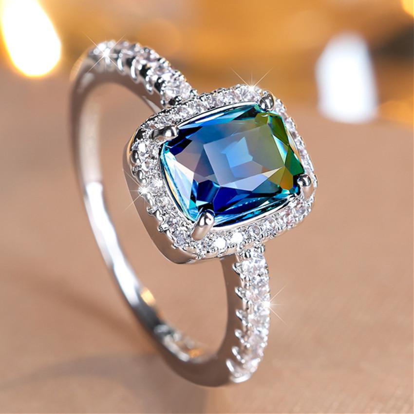 Fashion Silvery Color Rectangle Cut Blue Green Stone Ring Luxury Love Engagement Ring Wedding Jewelry