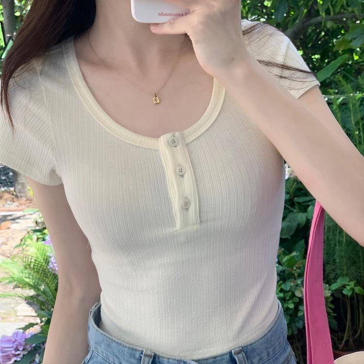 

Solid color high waist short open button short sleeve T-shirt women s summer new design pit strip slim button top One size fits all абрикосовий