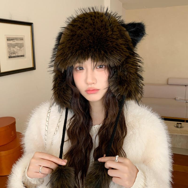 

Модная и Универсальная Шапка-Ушанка из Искусственного Меха Норки Женская Зимняя Ветрозащитная и Теплая Шапка Милая Шерстяная Шапка с Ушками Медвежонка one size