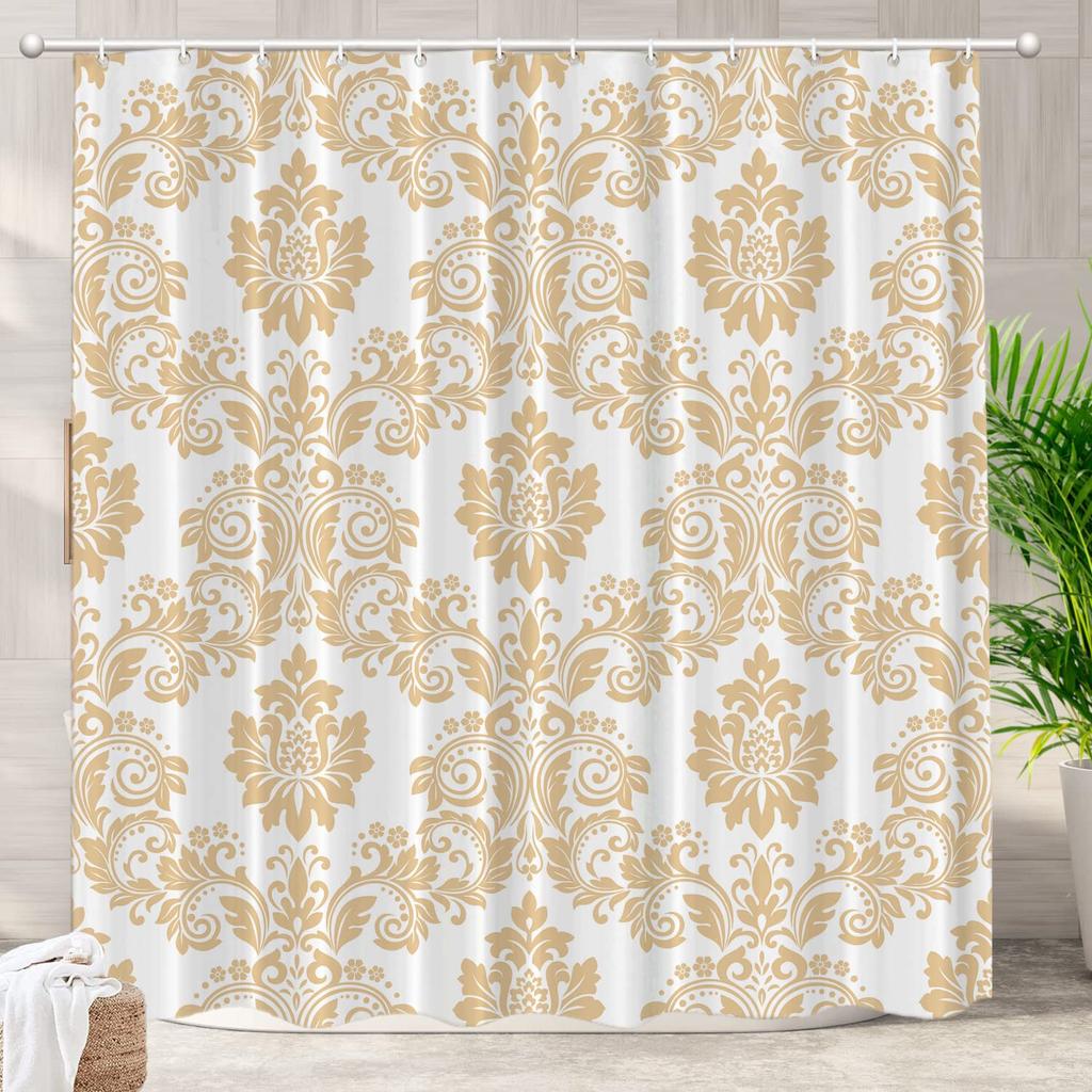 Antique Shower Curtain,Victorian Style Medieval Motifs With Classic Baroque Oriental Shapes,Cloth Fabric Bathroom Set With Hooks