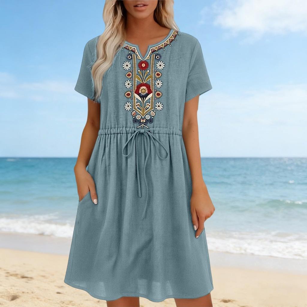 Women’s Short Sleeve Embroidered Bohemian Style Drawstring Waist Casual Loose Fit Dress with Pockets for Daily Wear