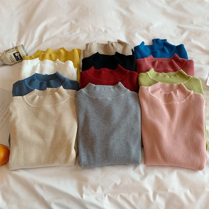 Pulover femei ia în interiorul subțire toamnă iarnă culoare uni punctul de bază jumătate guler înalt fund tricot pulover femeie