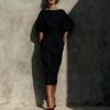 Frühlings- und Herbst-Französisches Retro-Elegantes Kleid, U-Boot-Ausschnitt Ballonärmel Mittlere Taille Faltenrock, Außenhandels-Bestseller