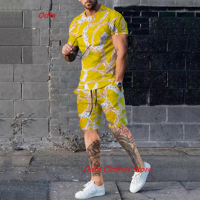 

Летняя мужская роскошная футболка, спортивный костюм, комплект из 2 предметов, 3D-принт, спортивный, короткий рукав, круглый вырез, повседневный стиль, универсальная одежда 6XL