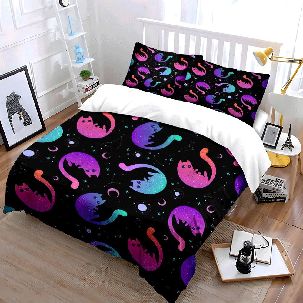 Galactic Cat Pattern Decor Setsuitable For Creative Indoor Decor. Exquisite Three-Piece Bedding Set Gift For Kids And Adults