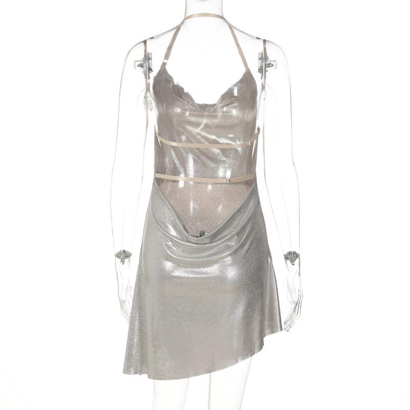 Sexy šaty s halter krkem, bez zad, se zlatým potiskem, vysokým pasem, úzké, krátké, bodycon, pro ženy