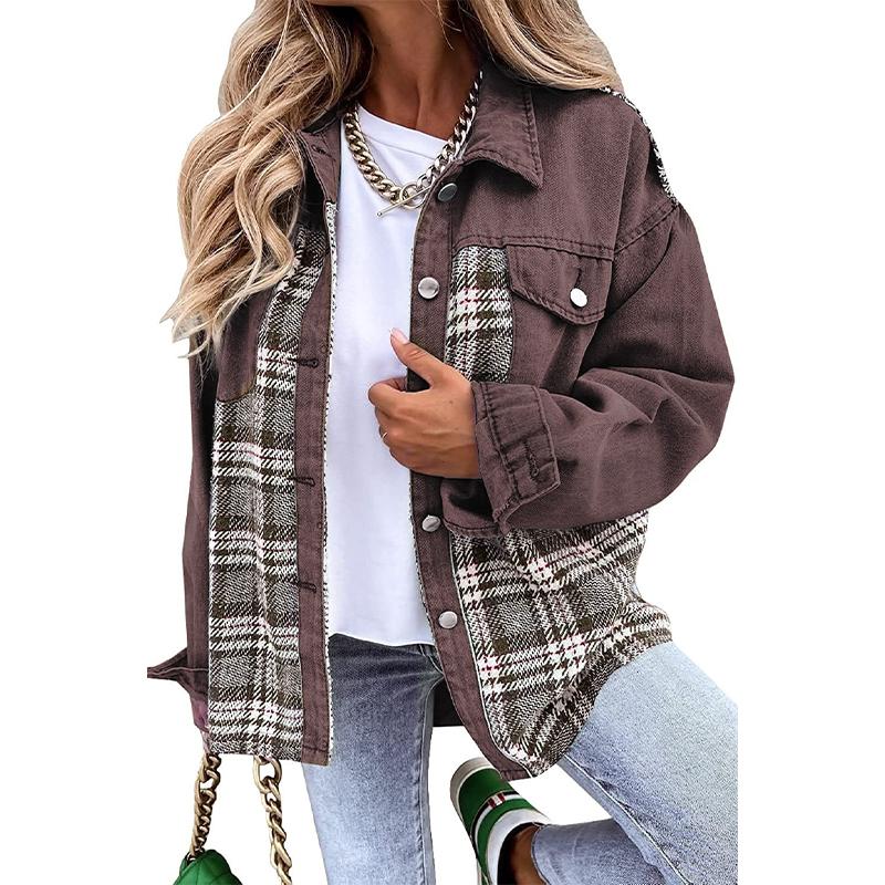 Denim Jacket Checkered Button Up Shirt Jacket Women's Patchwork Jacket Warm Comfortable Commuter Long Sleeved Shirt Autumn Winter