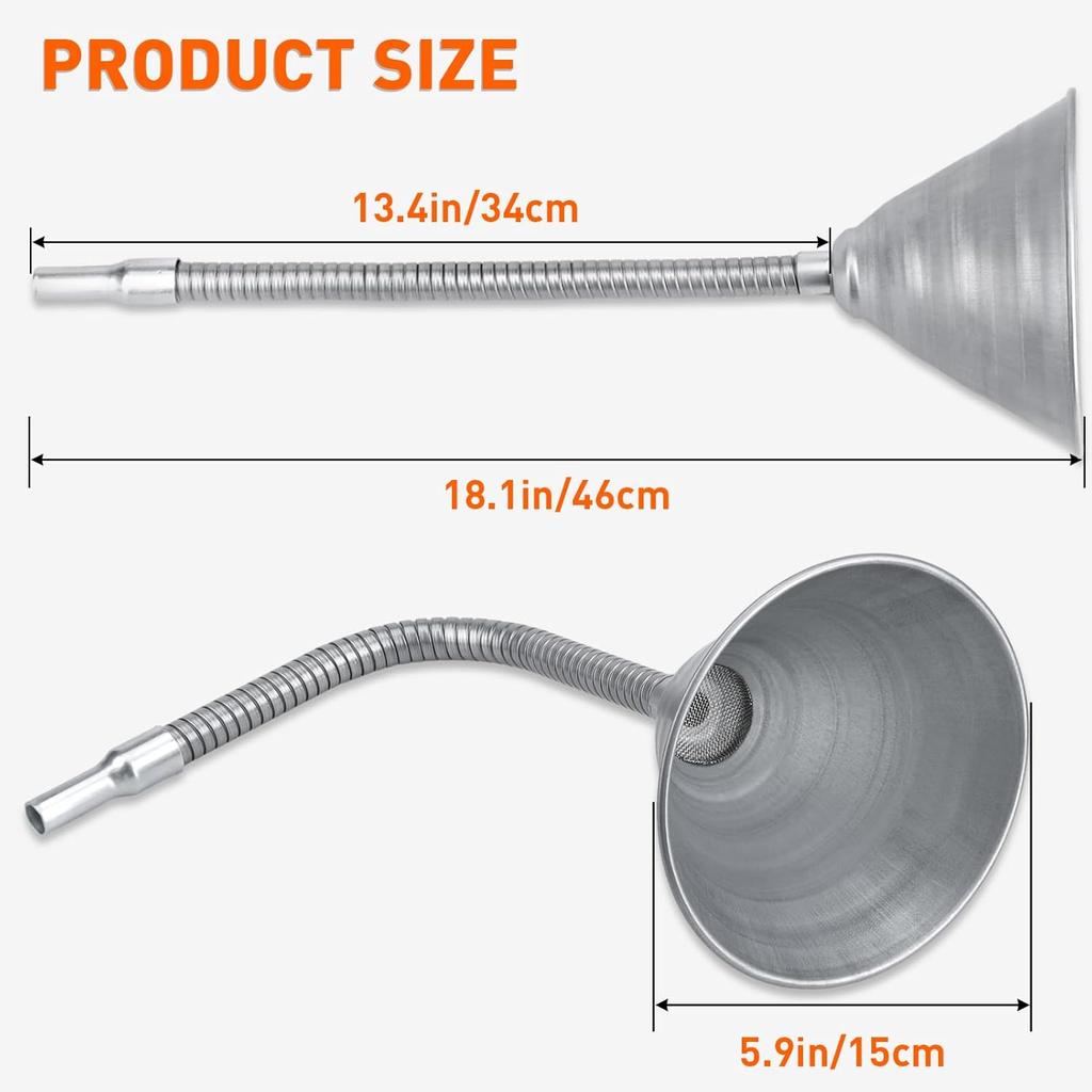 Steel Bendable Universal Spout Funnel with Filter and Flexible Pipe - Galvanized for All Automotive Oils, Diesel Fuel and Other Liquids - Silver