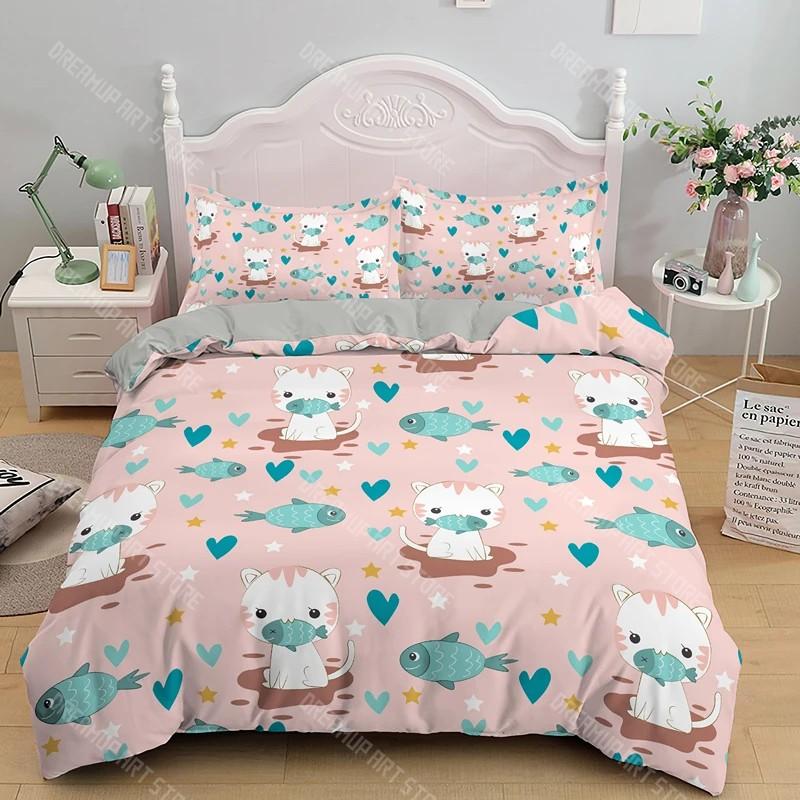 Boys Girls Animal Theme Cute Kitten Pattern 2_3pcs 3D Kids Cats Bedding Set Twin Size Green Cartoon Cats Bedding Set for Kids