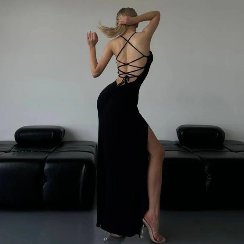 European and American Women's Summer One Neck Hanging Neck Strap Backless High Waist Slit Tight Fitting Hip Hugging Dress
